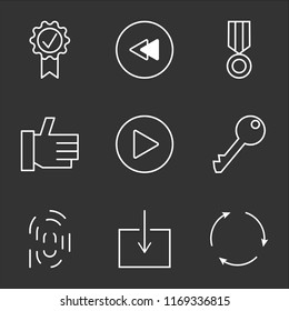 9 simple transparent vector icon pack, set of black icons such as Reuse, Download, Fingerprint, Key, Play Circular Button, Thumb Up, Medal, Rewind Quality