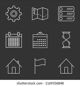 9 simple transparent vector icon pack, set of black icons such as Home, Flag, Hourglass, Calendar, Server, Map, Settings