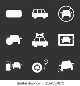 9 simple transparent vector icon pack, set of black icons such as Car Accident, Inflate Wheel, at Gas Station, on Tablet, Present Car, with Spare Tire, Stop Family Sport