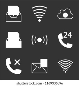 9 simple transparent vector icon pack, set of black icons such as Wifi, Mail favourite, Phone auricular with a cross, support 24 hours, Inbox mail, Cloud video play, Wifi full, Sent mail