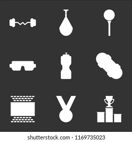 9 simple transparent vector icon pack, set of black icons such as Podium, Medal, Football pitch, Skateboard, Bottle, Goggles, Golf, Punch, Weight