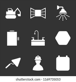 9 simple transparent vector icon pack, set of black icons such as Calendar, Worker, Trowel, Stop, Sink, Elevator, Shower, Window, Excavator