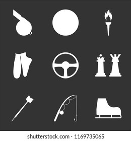 9 simple transparent vector icon pack, set of black icons such as Ice skating, Fishing, Darts, Chess, Steering wheel, Ballet, Torch, Baseball, Whistle