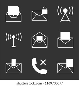 9 simple transparent vector icon pack, set of black icons such as Mail favourite, Phone auricular with a cross, download, envelope  paper, open, Antenna with, Tower, encryption interface, Sent mail