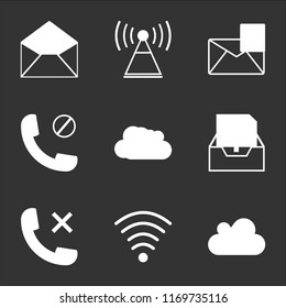 9 simple transparent vector icon pack, set of black icons such as Cloud reload, Wifi full, Phone auricular with a cross, Sent mail, Clouds storm, block,  Open mail interface