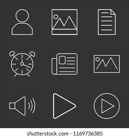 9 simple transparent vector icon pack, set of black icons such as Play button, Speaker, Picture, Newspaper, Alarm clock, File, User