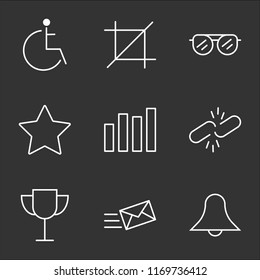 9 simple transparent vector icon pack, set of black icons such as Notification, Mailing, Trophy, Broken Link, Bar Chart, Star, SunGlasses, Crop, Disabled