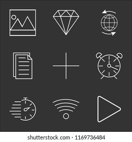 9 simple transparent vector icon pack, set of black icons such as Play button, Wifi, Stopwatch, Alarm clock, Add, File, Worldwide, Diamond, Picture