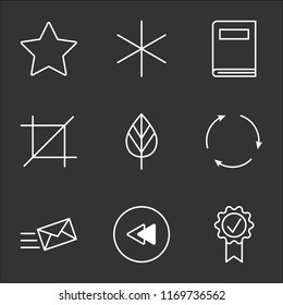 9 simple transparent vector icon pack, set of black icons such as Quality, Rewind Circular Button, Mailing, Reuse, Tree Leaf, Crop, Book, Miscellaneus, Star