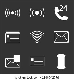 9 simple transparent vector icon pack, set of black icons such as Mailbox, Mail envelope front, save interface, Email envelope, Wifi, mail frontal with post, Phone support 24 hours, 