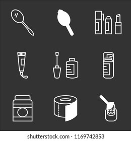 9 simple transparent vector icon pack, set of black icons such as Manicure, Toilet paper, Lotion, Cream, Nail polish, Toothpaste, Lipstick, Hand mirror, mirror