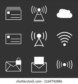 9 simple transparent vector icon pack, set of black icons such as Mail envelope with  paper, encryption interface, Wifi full, Tower, front, Clouds storm, mail frontal post