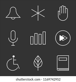 9 simple transparent vector icon pack, set of black icons such as Book, Tree Leaf, Disabled, Fast Forward Circular Button, Bar Chart, Microphone, Hand, Miscellaneus, Notification