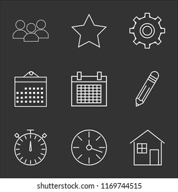 9 simple transparent vector icon pack, set of black icons such as House, Clock, Stopwatch, Edit, Calendar, Settings, Star, Users