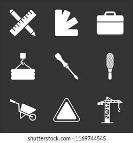 9 simple transparent vector icon pack, set of black icons such as Crane, Danger, Barrow, Rasp, Screwdriver, Tubes Hook, Toolbox, Color Pack, Ruler and Pencil