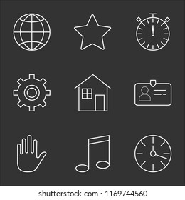 9 simple transparent vector icon pack, set of black icons such as Clock, Music player, Hold, Id card, House, Settings, Stopwatch, Star, Internet