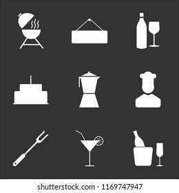 9 simple transparent vector icon pack, set of black icons such as Champagne, Cocktail, Spatula, Cooker, Coffee maker, Cake, Wine, Closed, Barbecue