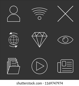 9 simple transparent vector icon pack, set of black icons such as Newspaper, Play button, Folder, View, Diamond, Worldwide, Multiply, Wifi, User