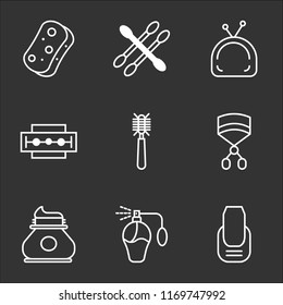 9 simple transparent vector icon pack, set of black icons such as Manicure, Perfume, Lotion, Eyelashes curler, Hair brush, Razor, Makeup, Earbuds, Sponge