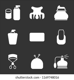 9 simple transparent vector icon pack, set of black icons such as Perfume, Makeup, Eyelashes curler, Manicure, Soap, Lotion, Hair clip, Cream