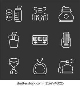 9 simple transparent vector icon pack, set of black icons such as Perfume, Makeup, Eyelashes curler, Manicure, Soap, Lotion, Hair clip, Cream