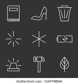 9 simple transparent vector icon pack, set of black icons such as Tree Leaf, Hammer, Alarm, Charging Battery, Miscellaneus, Loading, Trash, Shoe, Book