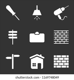 9 simple transparent vector icon pack, set of black icons such as Brick Wall, Home, Road Panel, Brick, Identification, Direction, Drill, Lamp, Screwdriver