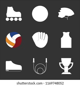 9 simple transparent vector icon pack, set of black icons such as Cup, Jumping rope, Shoe, Football jersey, Baseball, Volleyball, Cycling, Weight, Roller skate