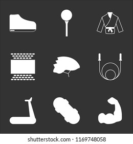 9 simple transparent vector icon pack, set of black icons such as Muscle, Skateboard, Treadmill, Jumping rope, Cycling, Football pitch, Karate, Golf, Shoe
