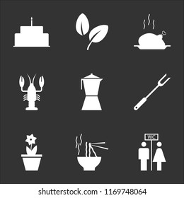 9 Simple Transparent Vector Icon Pack, Set Of Black Icons Such As Wc, Noodles, Flower, Spatula, Coffee Maker, Lobster, Chicken, Vegan, Cake