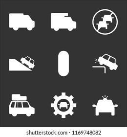 9 simple transparent vector icon pack, set of black icons such as Police Car, Car Settings, with Luggage, Falling, Wheel Frontal View, on the Hill, No Parking, Trailer Delivery Truck