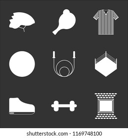 9 simple transparent vector icon pack, set of black icons such as Boxing ring, Weight, Shoe, Jumping rope, Soccer, Referee, Ping pong, Cycling