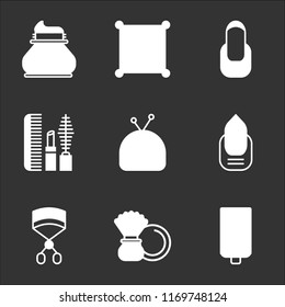 9 simple transparent vector icon pack, set of black icons such as Shaver, Powder, Eyelashes curler, Manicure, Makeup, Mirror, Lotion