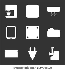 9 simple transparent vector icon pack, set of black icons such as Meat grinder, Plugs, Vhs, Photo camera, Socket, Tablet, Air conditioner, Weight, Coffee machine
