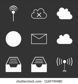 9 simple transparent vector icon pack, set of black icons such as Tower, Inbox full, Mail inbox Cloud download, Mail, Wifi, Stormy clouds, remove, Antenna with