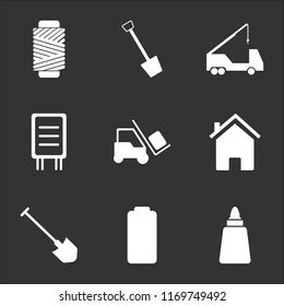 9 simple transparent vector icon pack, set of black icons such as Glue, Battery Charging, Shovel, Home, Forklift, Road Panel, Crane, Wire Roll