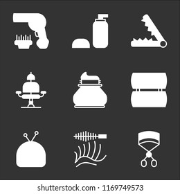 9 simple transparent vector icon pack, set of black icons such as Eyelashes curler, Eyelashes, Makeup, Lotion, Barber chair, Hair straightener, Hairdryer
