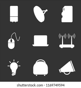 9 simple transparent vector icon pack, set of black icons such as Megaphone, Multi-cooker, Light bulb, Router, Computer, Mouse, Memory card, Satellite dish, Refrigerator