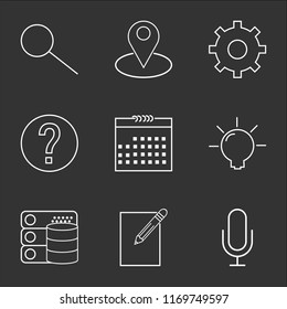 9 simple transparent vector icon pack, set of black icons such as Microphone, Edit, Database, Idea, Calendar, Info, Settings, Placeholder, Search