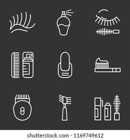 9 simple transparent vector icon pack, set of black icons such as Mascara, Epilator, Toothbrush, Manicure, Lotion, Perfume, Eyelashes