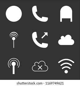 9 simple transparent vector icon pack, set of black icons such as Wifi medium strength, Cloud remove, Antenna with, download, Phone out, Mailbox, call auricular, 