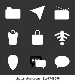 9 simple transparent vector icon pack, set of black icons such as Speech bubble, Placeholder, Wifi, Shopping bag, Garbage, Television, Compass, Photo camera