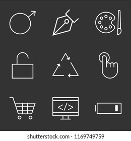 9 simple transparent vector icon pack, set of black icons such as Low Battery, Coding, Shopping Cart, Touch, recycling, Unlock, Paint Brush and Palette, Pen Tip, Male