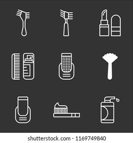 9 simple transparent vector icon pack, set of black icons such as Lotion, Toothbrush, Manicure, Powder, Lipstick, Hair brush