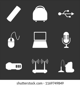 9 simple transparent vector icon pack, set of black icons such as Vacuum cleaner, Router, Projector, Microphone, Laptop, Mouse, Connection, Multivarka, Tv remote control