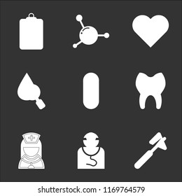 9 simple transparent vector icon pack, set of black icons such as Medical hammer tool, doctor specialist, Nurse, Teeth, pill, Blood analysis, Heart beats life, cell, notes