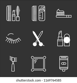 9 simple transparent vector icon pack, set of black icons such as Shaver, Mirror, Mascara, Lipstick, Scissors, Toothbrush, Lotion, Makeup
