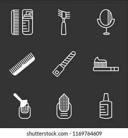 9 simple transparent vector icon pack, set of black icons such as Nail polish, Manicure, Toothbrush, File, Comb, Mirror, Mascara, Lotion
