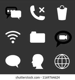 9 simple transparent vector icon pack, set of black icons such as Internet, Head, Speech, Speech bubble, Photo camera, Wifi, Garbage, Phone call, bubble