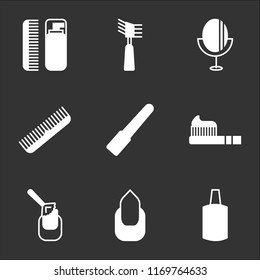 9 simple transparent vector icon pack, set of black icons such as Nail polish, Manicure, Toothbrush, File, Comb, Mirror, Mascara, Lotion